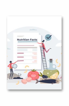 Nutrition facts on product and information about calories or fats tiny person concept, transparent background. Nutrient guideline and list with protein, carbs.