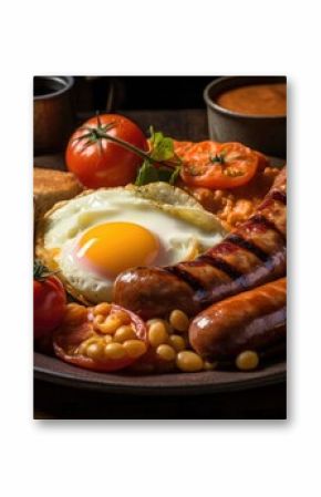 Fresh english breakfast with sausage eggs toast beans and tomatos