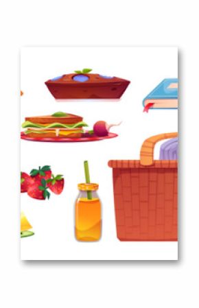 Wicker basket with blanket and food and drinks for picnic in park. Cartoon ready-to-eat food and accessories for outdoor lunch - sandwich and pie, melon and strawberry, bottle juice, book and radio.