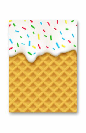 Realistic vanilla ice cream melting drip with candy sprinkles on wafer, vector background. Waffle with sweet milky syrup or ice cream melt with rainbow sprinkles for candy or ice cream dessert