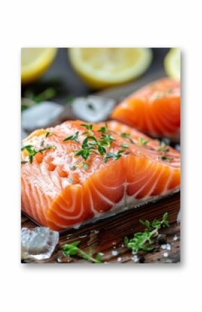 Traditional Good Friday fish food, Easter food concept - Fresh salmon steak fillet on a board in the kitchen on the table, decorated with ice cubes and lemon slices, top view