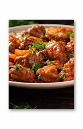 Savory Chicken Gizzards Stewed with Carrots in Rich Sauce on Rustic Wooden Table