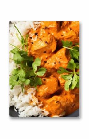 Delicious Chicken Tikka Masala Served with Fluffy Rice and Soft Bread