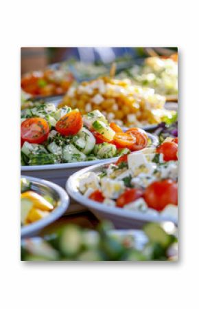 A close up of a colorful array of homemade salads including Greek salad caprese salad and potato salad at a picnic celebrating different cultural cuisines.