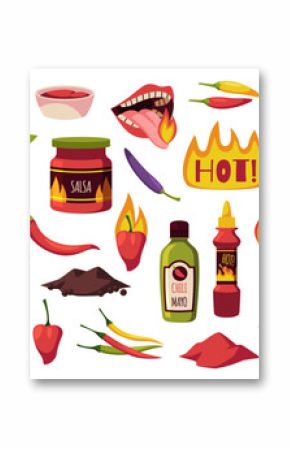 Cartoon hot sauces. Chili and spicy ketchups in plastic and glass bottles, tabasco and salsa, red and green burning peppers, piquant taste, mouth with fire on tongue, tidy vector set