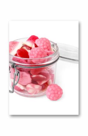 Tasty pink candies in glass jar isolated on white