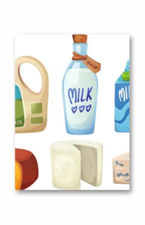 Milk and cheese dairy package cartoon icon. Drink bottle and gallon container with calcium for breakfast. Fresh organic milky packaging collection with healthy ingredient isolated on background