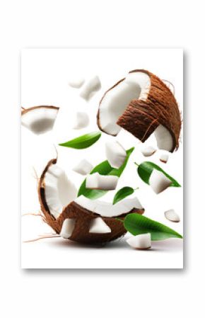 Fresh Coconut with Leaves Exploding into Pieces on White Background