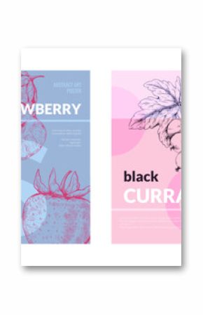 Food posters. Pattern design background with abstract art and typography juice label, hipster invitation. Hand drawn strawberry and cherry. Vertical banner or flyer. Vector modern template