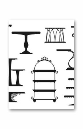 Tea cake platter or stand tray silhouettes of dessert plates and table tiers, vector icons. Restaurant food serving platters and wedding cake stands, bakery pies podium dish and pastry sweets trays