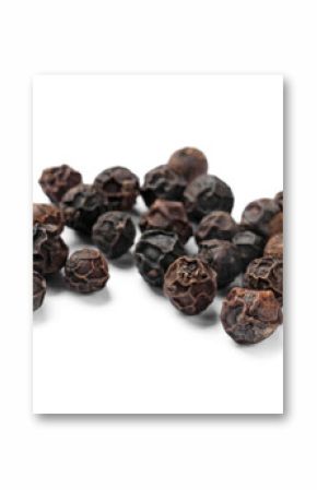 Aromatic spice. Many black dry peppercorns isolated on white