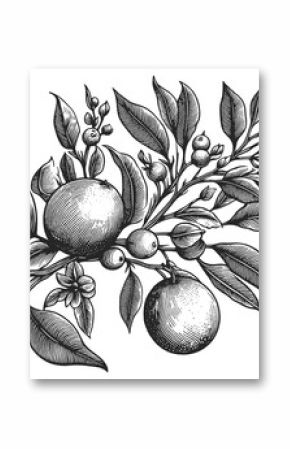 Orange tree citrus branch, featuring ripe fruits, blossoms, and leaves, in an engraved style sketch engraving generative ai raster illustration. Scratch board imitation. Black and white image.
