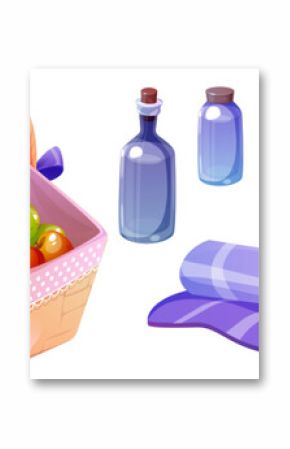 Picnic basket and food set isolated on white background. Vector cartoon illustration of wicker bag with apples, glass bottle and jar, checkered blanket, cheese and sandwich on plate, outdoor party