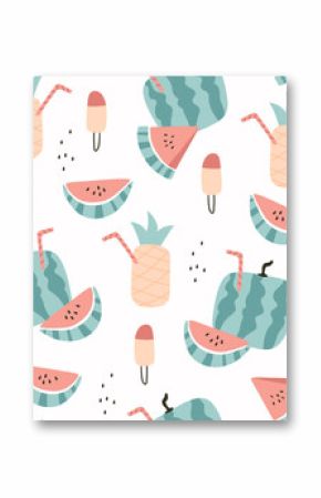 Seamless pattern with  pineapples and juicy watermelon. Summer fruits vector