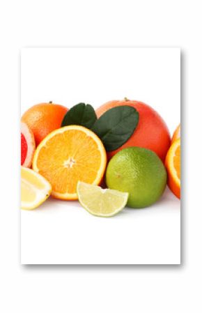 Fresh ripe citrus fruits and green leaves isolated on white