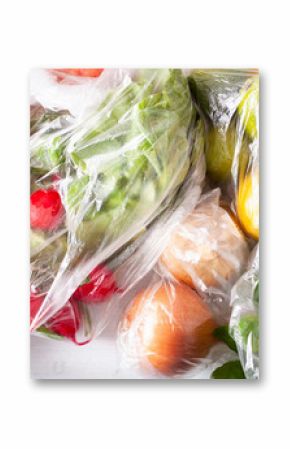 single use plastic waste issue. fruits and vegetables in plastic bags