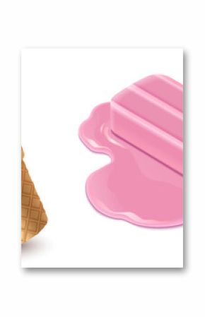 Melt ice cream cartoon summer icon isolated vector. Icecream ball with waffle and chocolate. Cute creative sundae melted set. Pink strawberry gelato food on floor. Funny stick dessert collection