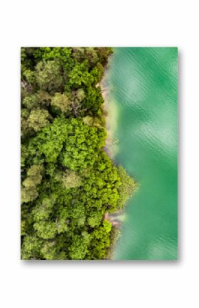Aerial view of beautiful Balsys lake, one of six Green Lakes, located in Verkiai Regional Park. Birds eye view of scenic emerald lake surrounded by pine forests. Vilnius, Lithuania.
