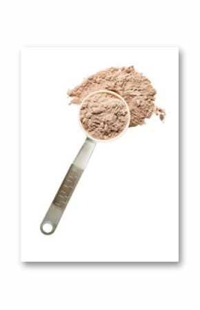 A scoop of whey protein powder on a measuring spoon, ready for blending into a nutritious shake, symbolizing fitness and recovery, isolated on transparent background