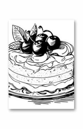 Vintage Hand-Drawn Cake Illustration: Birthday Cake with Candles, Engraved Sketch Drawing in Retro Style