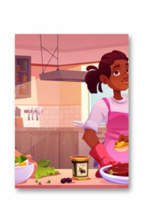 Man and woman cooking in kitchen. Vector cartoon illustration of male and female characters learning to make fresh vegetable salad and delicious beef steak, healthy meal for dinner at home, hobby blog
