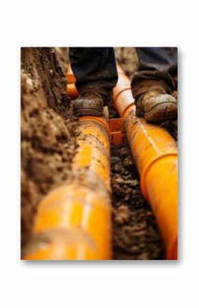 Worker Installing Underground Pipes