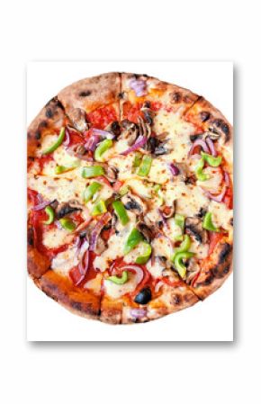 Wood fired pizza with pepperoni, mushrooms, green peppers and red onions isolated on a white background