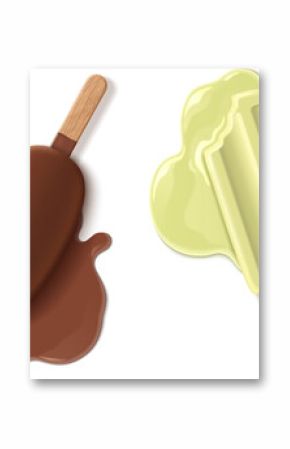 Melted ice cream set isolated on white background. Vector realistic illustration of chocolate and vanilla dessert on wooden stick, sweet sticky puddle, restaurant menu or food shop design elements