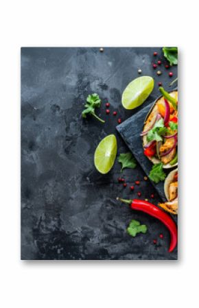 Vibrant Mexican tacos with fresh ingredients on a dark concrete background in a top view style