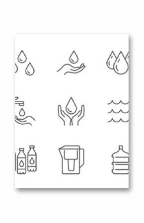 Water line icon set. Rain drops, glass, H2O molecule, purification filter, pure aqua outline vector illustration. Linear pictogram for drink. Editable Stroke