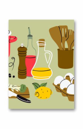 Soup in pan, utensils, pepper grinder, oil, mushrooms, cutting board, lemon, eggs, napkin, seasonal vegetables. Delicious vegetarian food concept. Hand drawn Vector illustration. Isolated elements