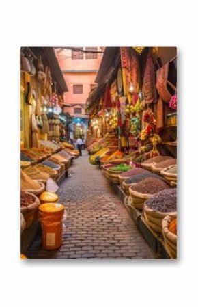 A busy market street in Marrakech complete with vibrant spices and textiles