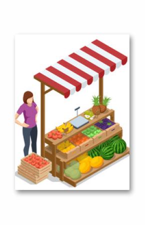 Isometric Fruts Sale. Farmer sells fresh Fruts. Natural fresh products. Sellers and marketing concept. Farmer market. Fresh fruit for sale at a market