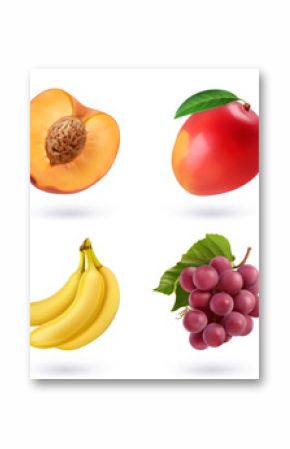 Fruits and berries, high quality realistic vector set. Strawberry, peach, mango, orange, apple, banana, grapes, watermelon
