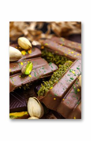 Dubai Chocolate bar with green kadayif and pistachio spread with pistachio nuts close up