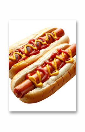 Two grilled hot dogs with mustard and ketchup are lying on a white surface