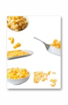 Typical American mac and cheese from many angles on a transparent cutout. Mockup template for artwork.