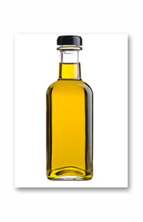 Tall rectangular glass bottle containing light yellow cooking oil with a black screw top lid