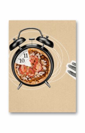 Creative collage picture human hands body fragment alarm clock pizza food meal nutrition junk food unhealthy calories dieting hour