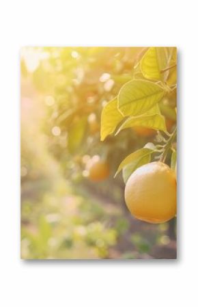 Mature yellow grapefruit suspended from a branch in a lively citrus grove.