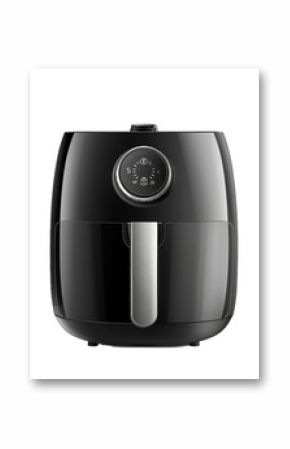 New black air fryer with digital screen showing cooking time remaining, isolated on white background