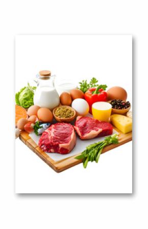 Wooden board with steak, fish, eggs, milk, fruit, vegetables isolated on transparent background