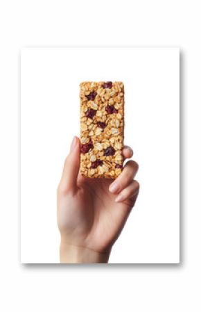 A healthy granola bar held in a hand, showcasing its crunchy texture and colorful ingredients for a nutritious snack. isolated on a transparent background