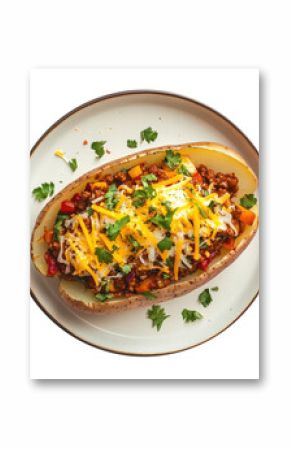 A Plate of Delicious Baked Potato with Chili con Carne and Cheese Isolated on a Transparent Background 