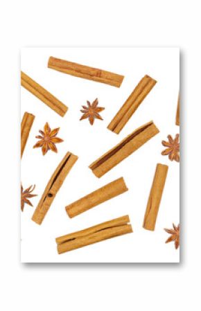 Set cinnamon sticks and star anise seeds isolated on white background, top view