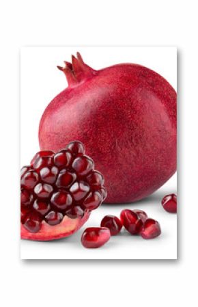 Pomegranate isolated png. Pomegranate with chunk and seeds on white or transparent background. Whole and broken pomegranate piece no background composition. Perfect retouched transparent png.
