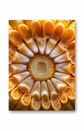Abstract corn kernel cross-section, detailed grain structure, AI photography.