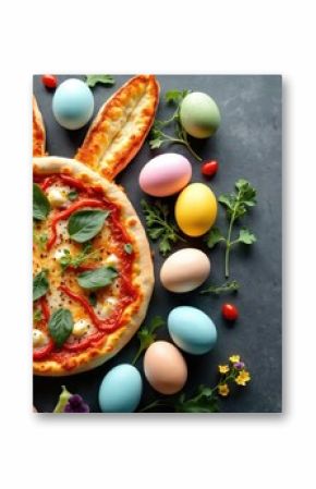 Festive Easter pizza arranged in shape of a bunny with colorful eggs. Tomato sauce mozzarella cheese basil, tasty baked dinner, culinary food art. Happy Easter holiday, spring celebration.