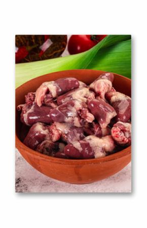 Raw chicken hearts in the bowl
