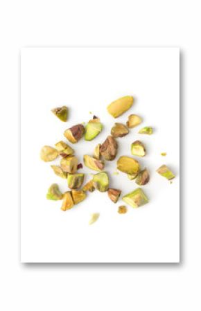 Fried salt pistachio nuts pieces pile isolated. Baked broken pistachios grains, crumbled green pistache